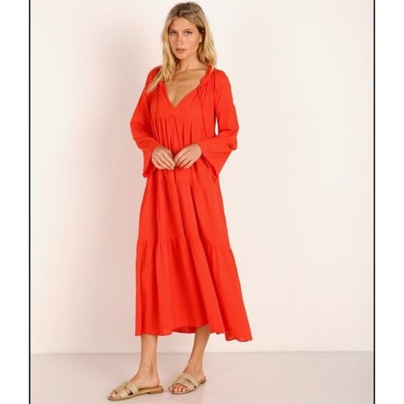 9seed Maxi Dress Womens Size 2 Majora Long Sleeve Dahila Front Neck Tie Tiered - Picture 5 of 16